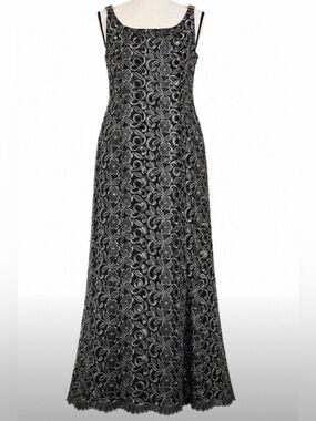 ASPEED Black Silver Metallic Lace Formal Gown Glam Rhinestone Strap Chic Dress